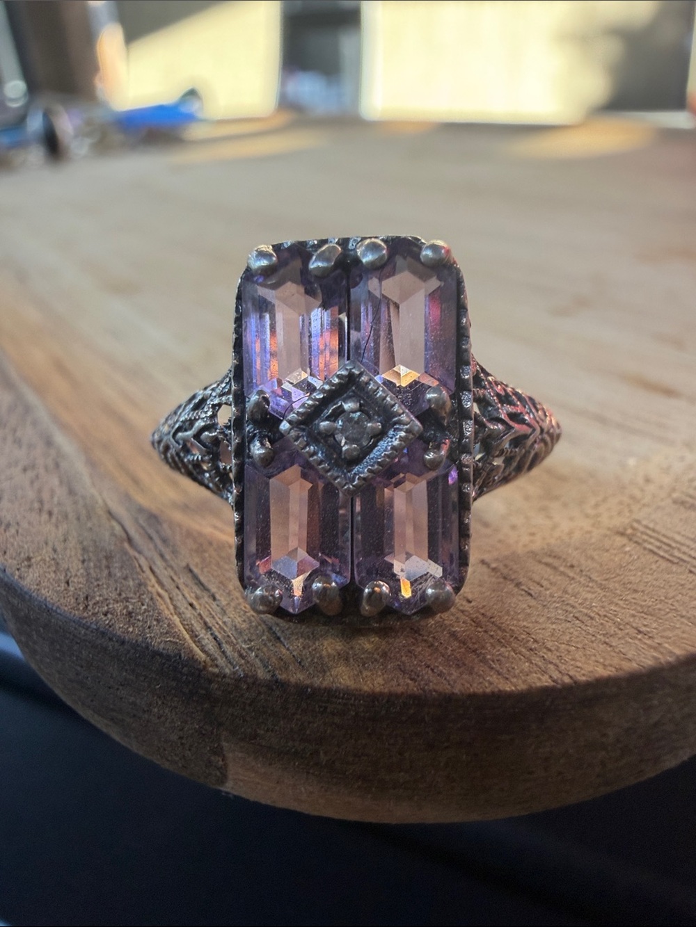 Vintage-Inspired Sterling Silver Purple Crystal Filigree Statement Ring size 7
